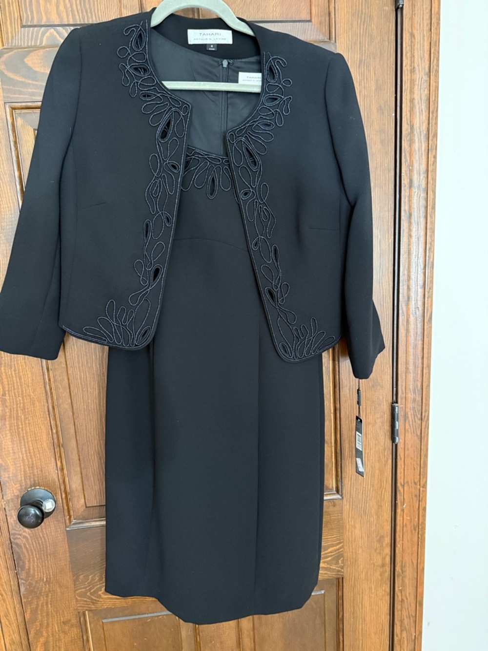 Tahari ASL Black Embroidered Cropped Jacket & Sheath Dress Set